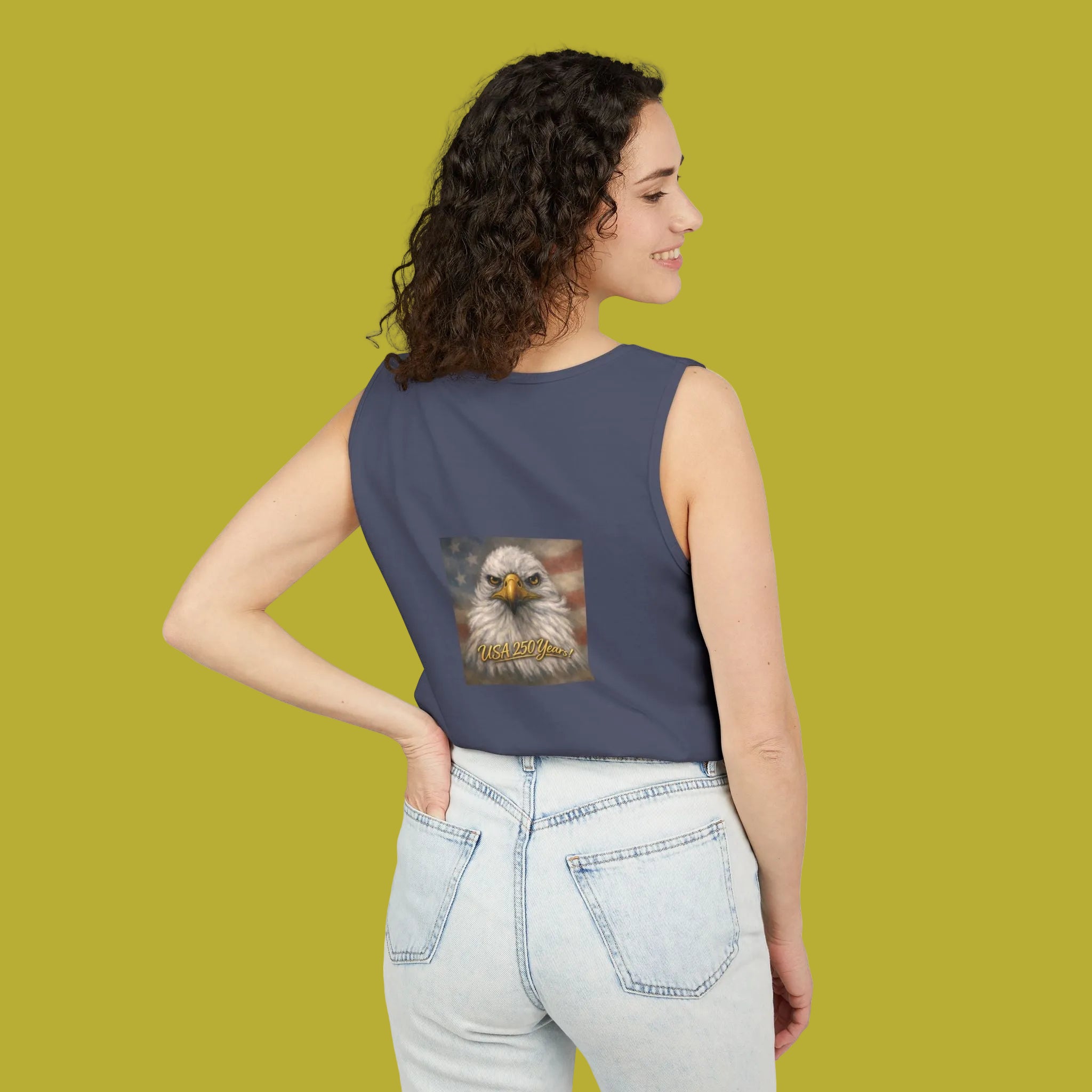 Woman wearing a denim blue tank top with USA Bald Eagle 250 Yrs - comes in 4 colors