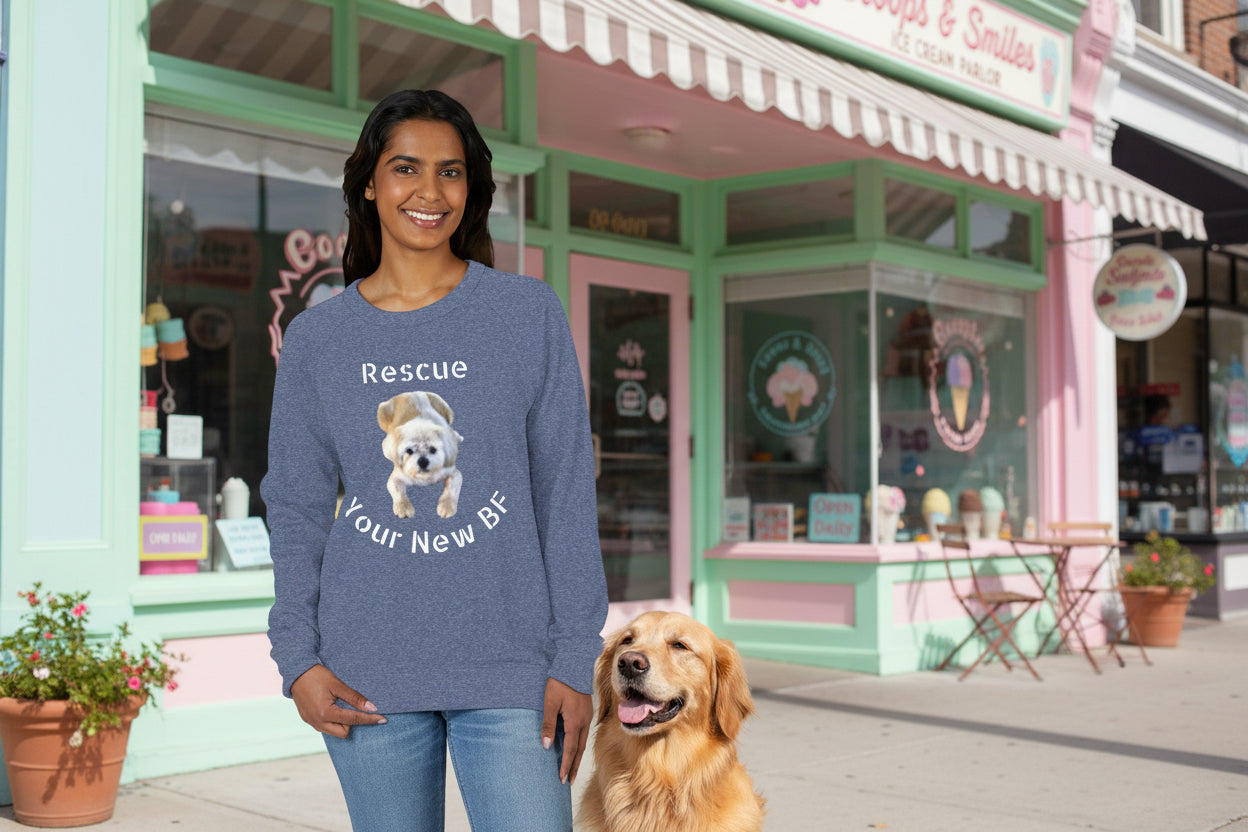 Woman wearing a Heather Graphite raglan shirt with a dog graphic and text to Rescue your new BF