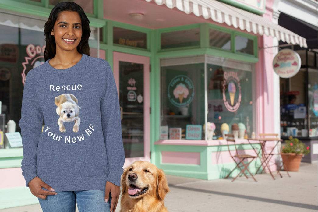 Heather Denim raglan shirt with a dog graphic and text to Rescue your new BF