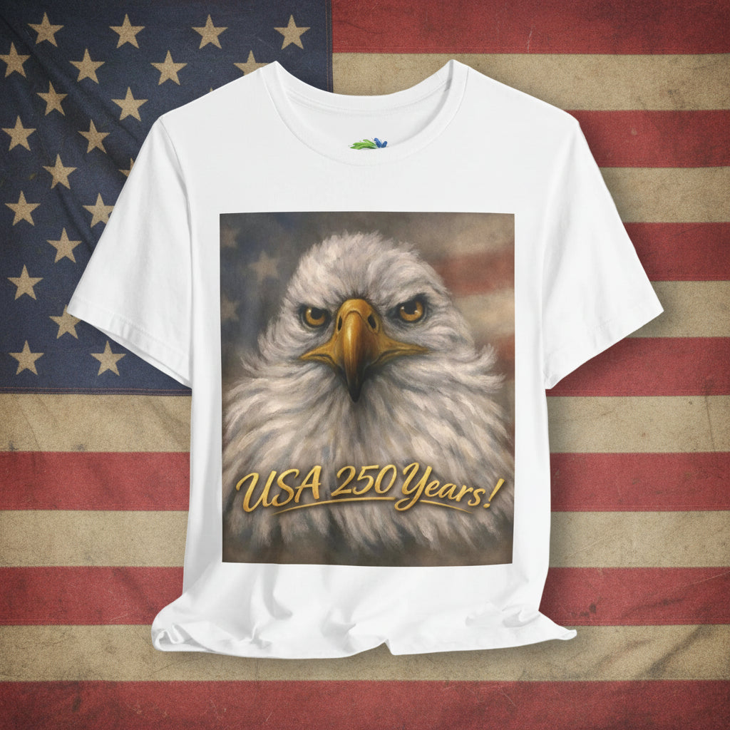 White t-shirt with an eagle graphic and 'USA 250 Years!' text on an American flag background