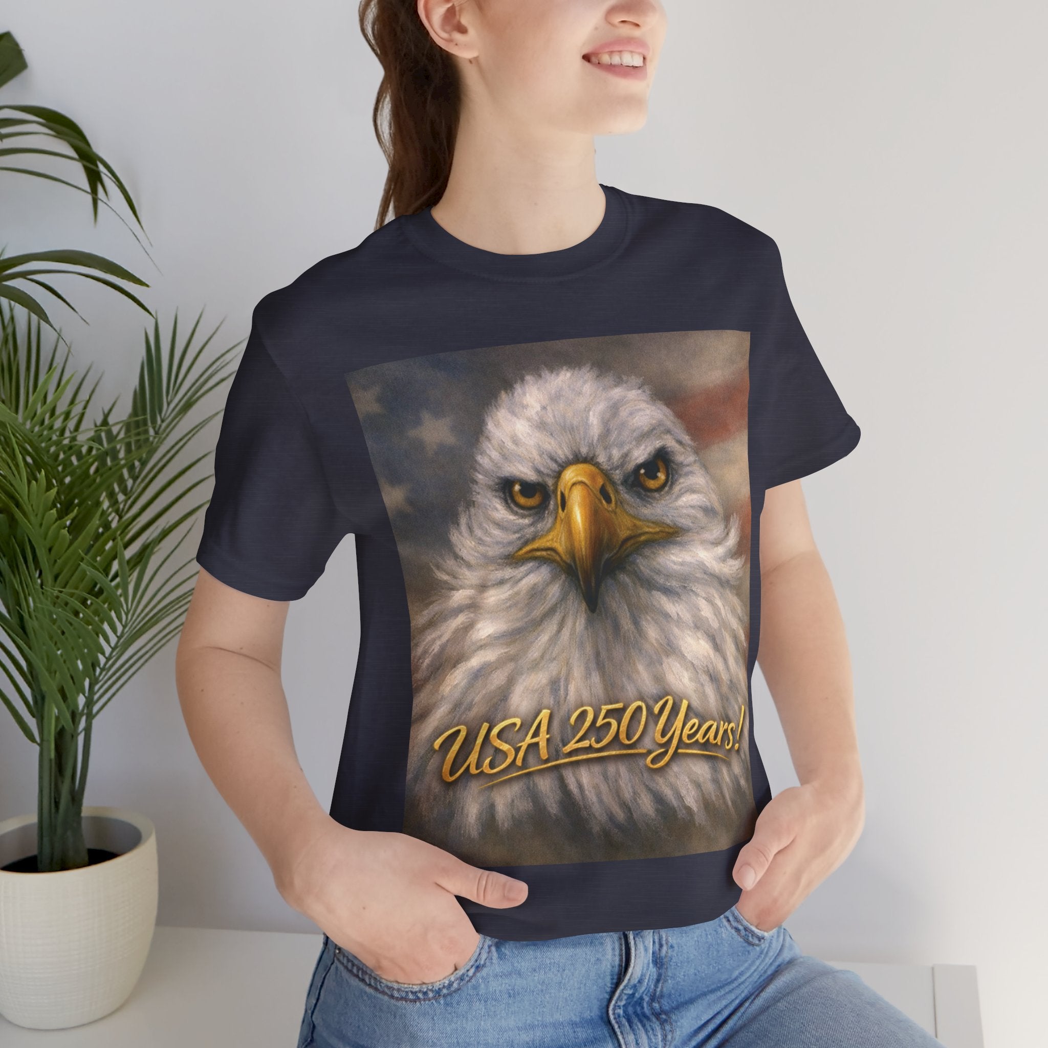 Unisex t-shirt with an eagle graphic and 'USA 250 Years!' text.