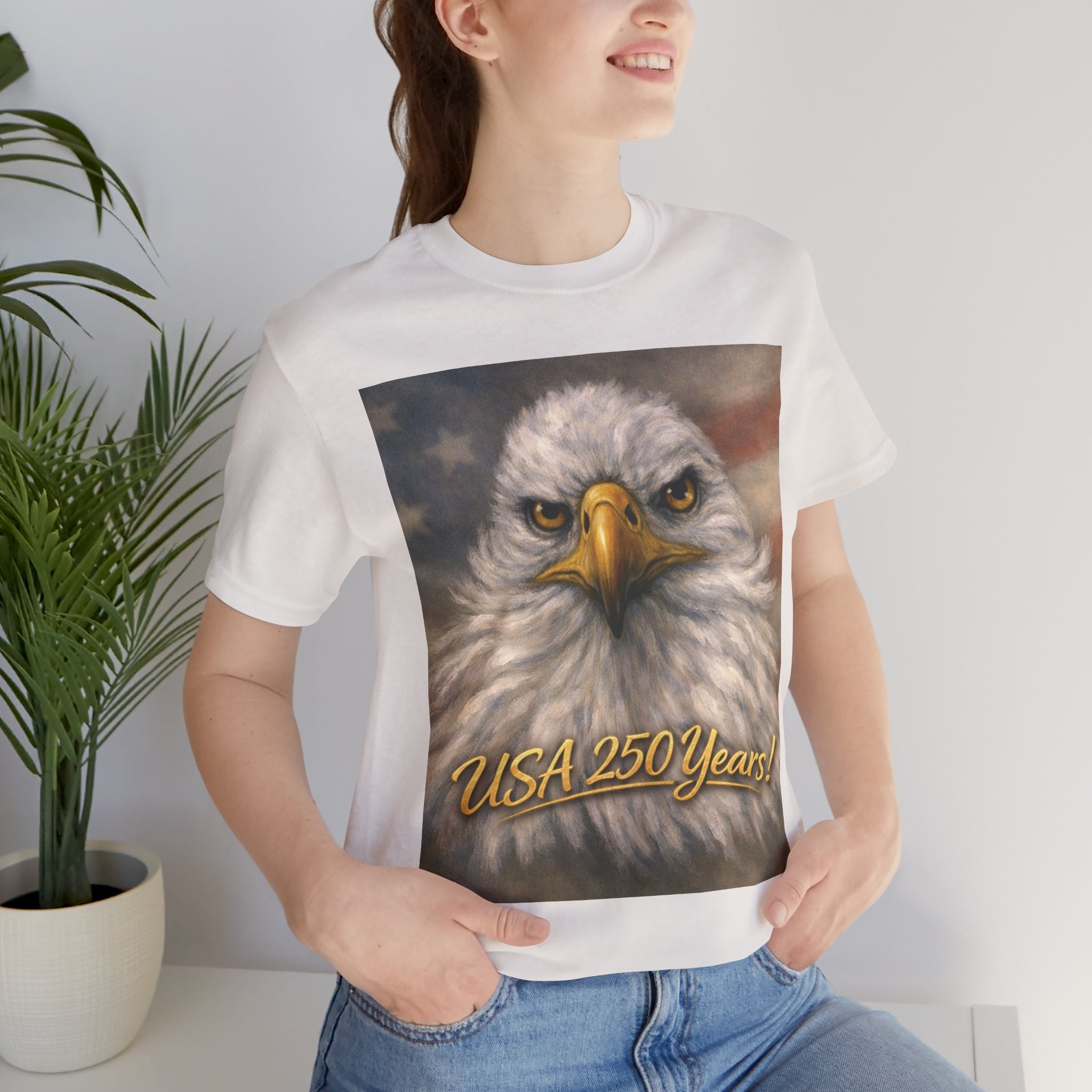 Unisex white t-shirt with an eagle graphic and 'USA 250 Years!' text.
