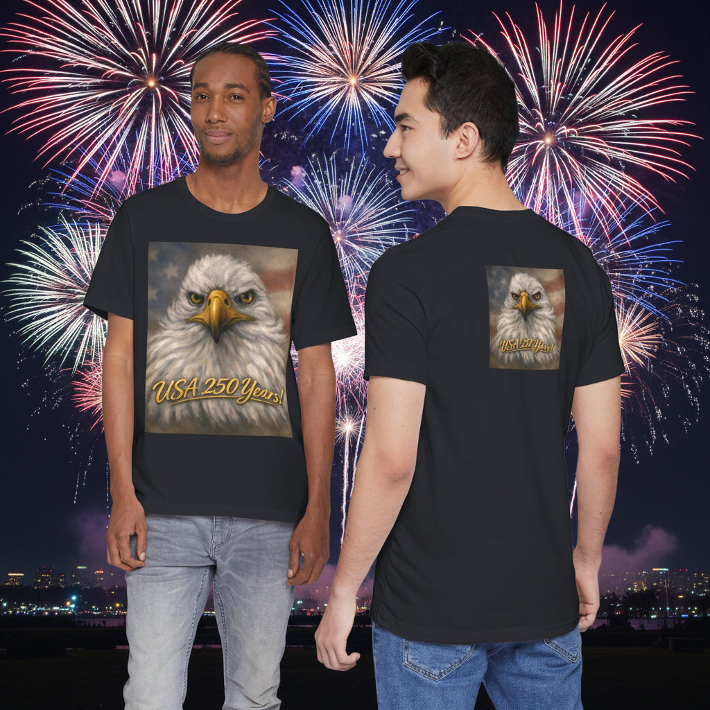 Unisex black t-shirts with an eagle design and 'USA 250 Years' text - XS-4XL