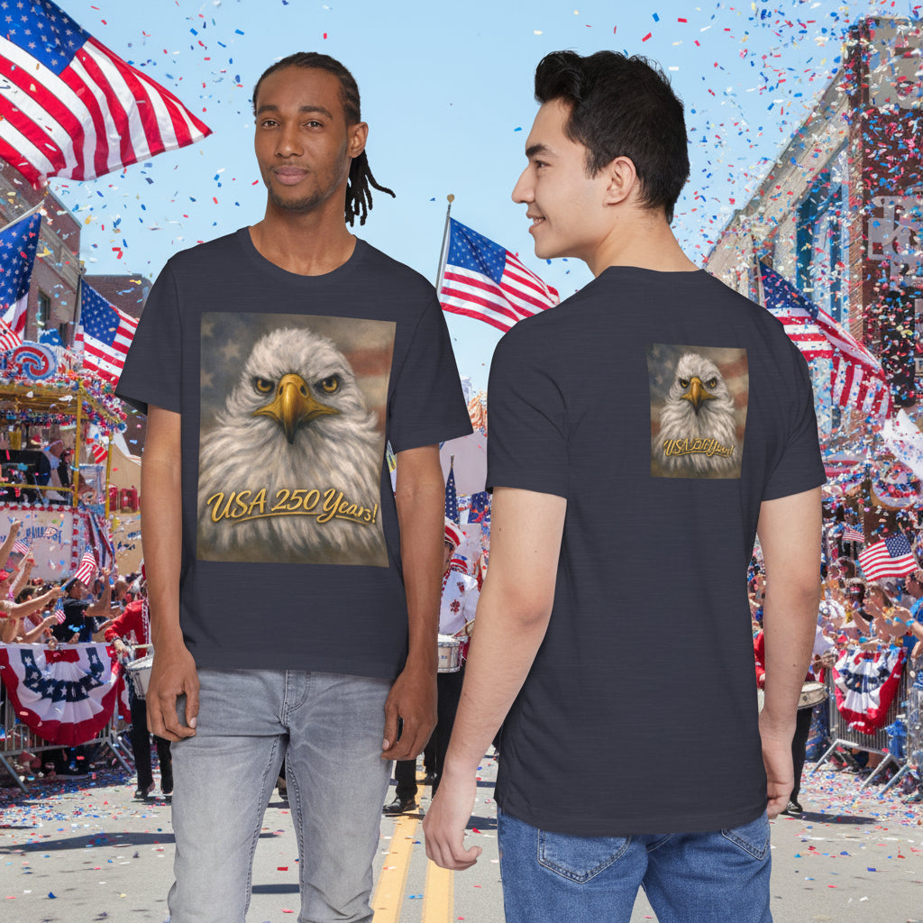 Unisex t-shirt with an eagle design on for USA 250 Yrs. XS-4XL