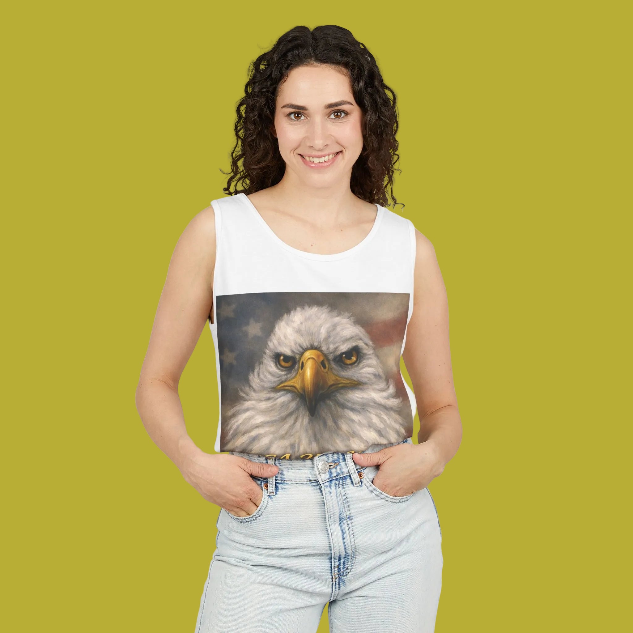 Woman wearing a white tank top with an eagle painting to commemorate USA anniversary