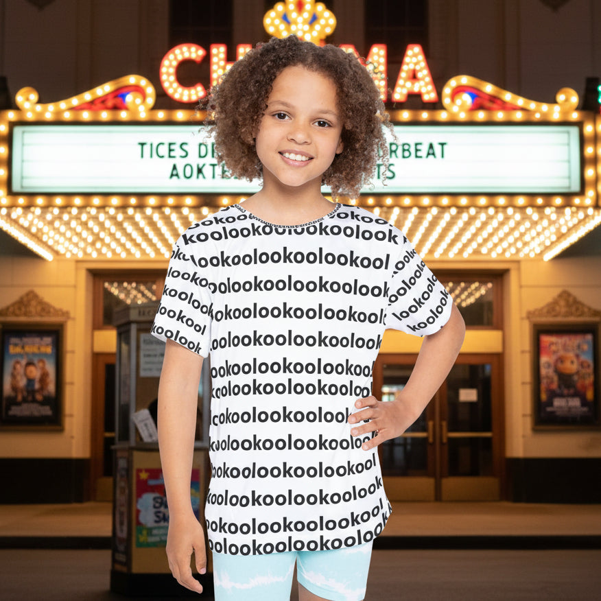 Youth's unisex  white short-sleeve t-shirt with a black text repeating 'lookoolookoolookoo' pattern