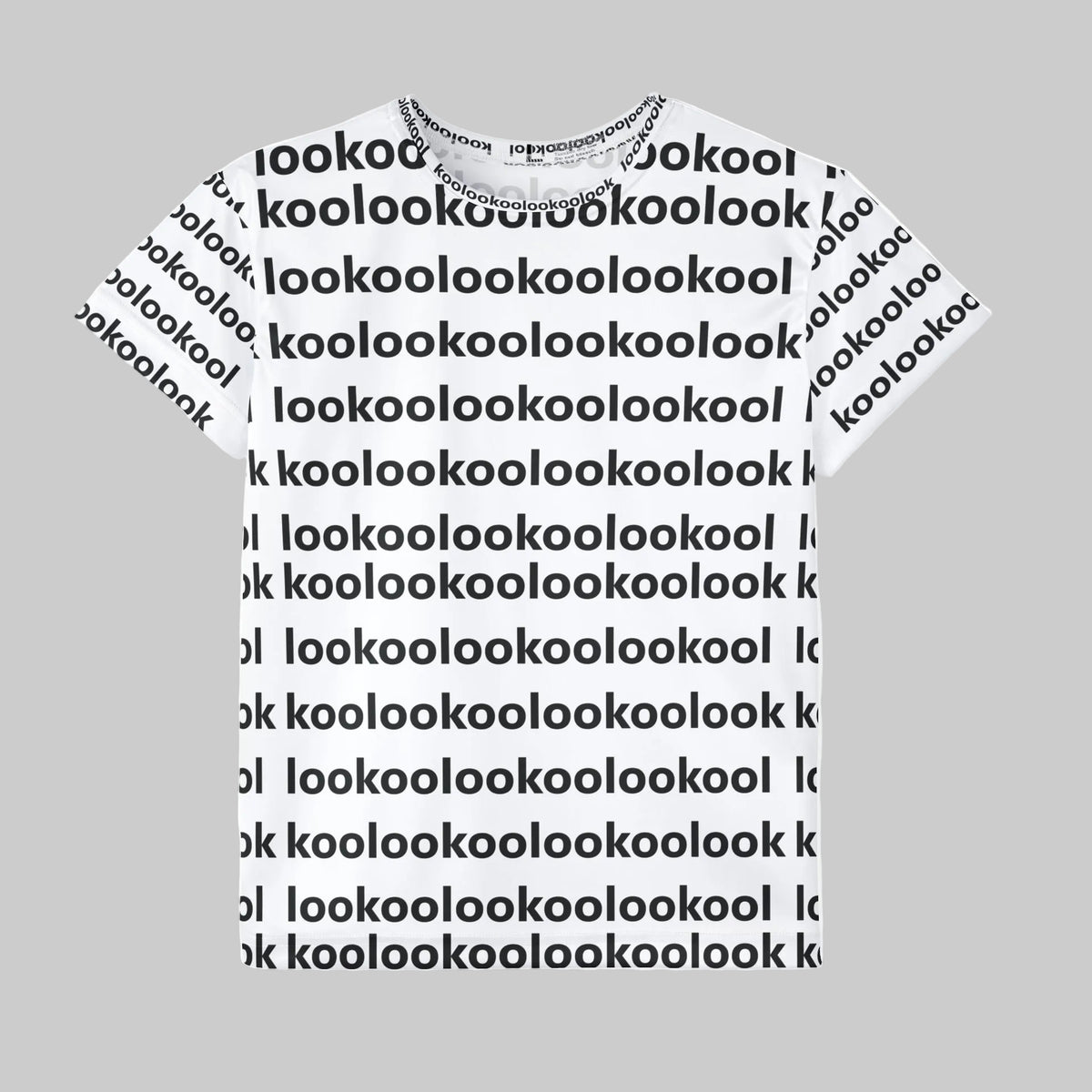 A white short-sleeve t-shirt with a repeating black 'lookool', koolook pattern across the front