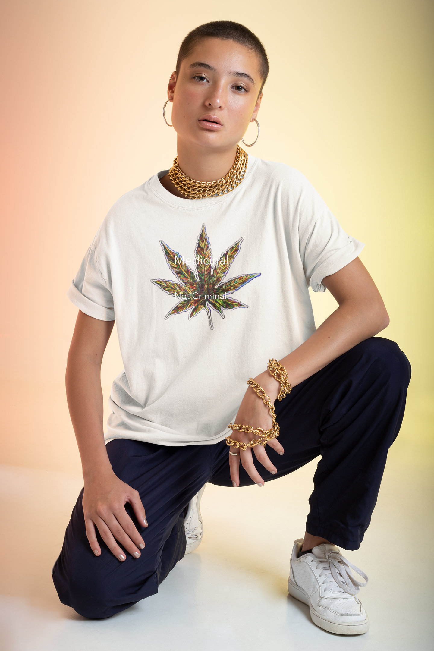 Unisex cotton white t-shirt with a colorful leaf design with crew neckline and large colorful cannabis design. 4 colors - XS-5XL