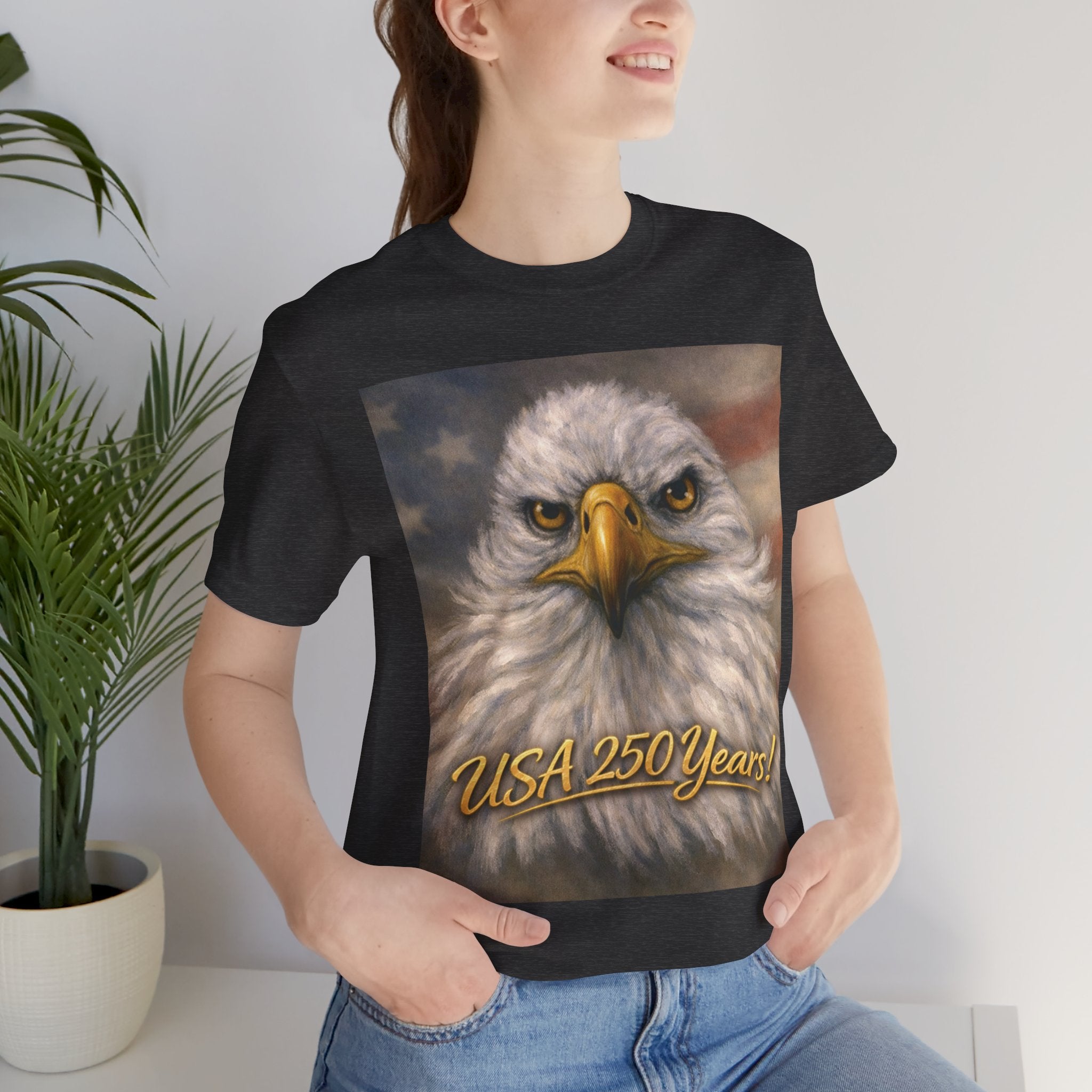 Unisex Dark Grey t-shirt with an eagle graphic and 'USA 250 Years!' text.