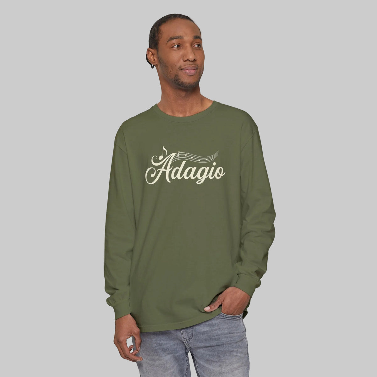 Adagio script on chest in Hemp color long sleeve Tee