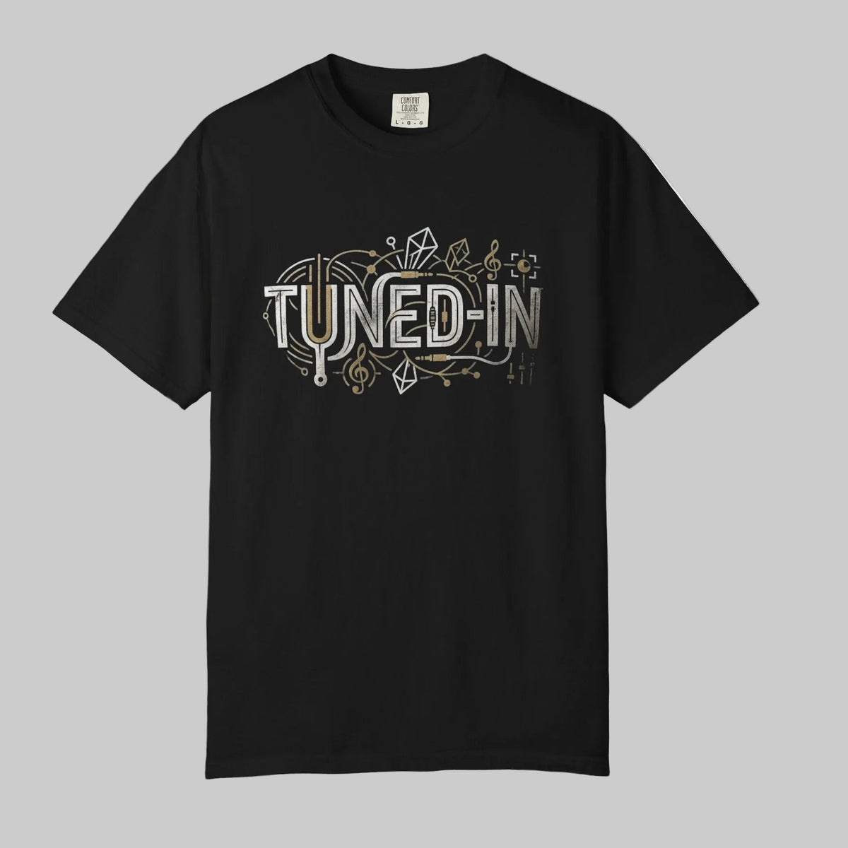 black tee with tuned-in graphic
