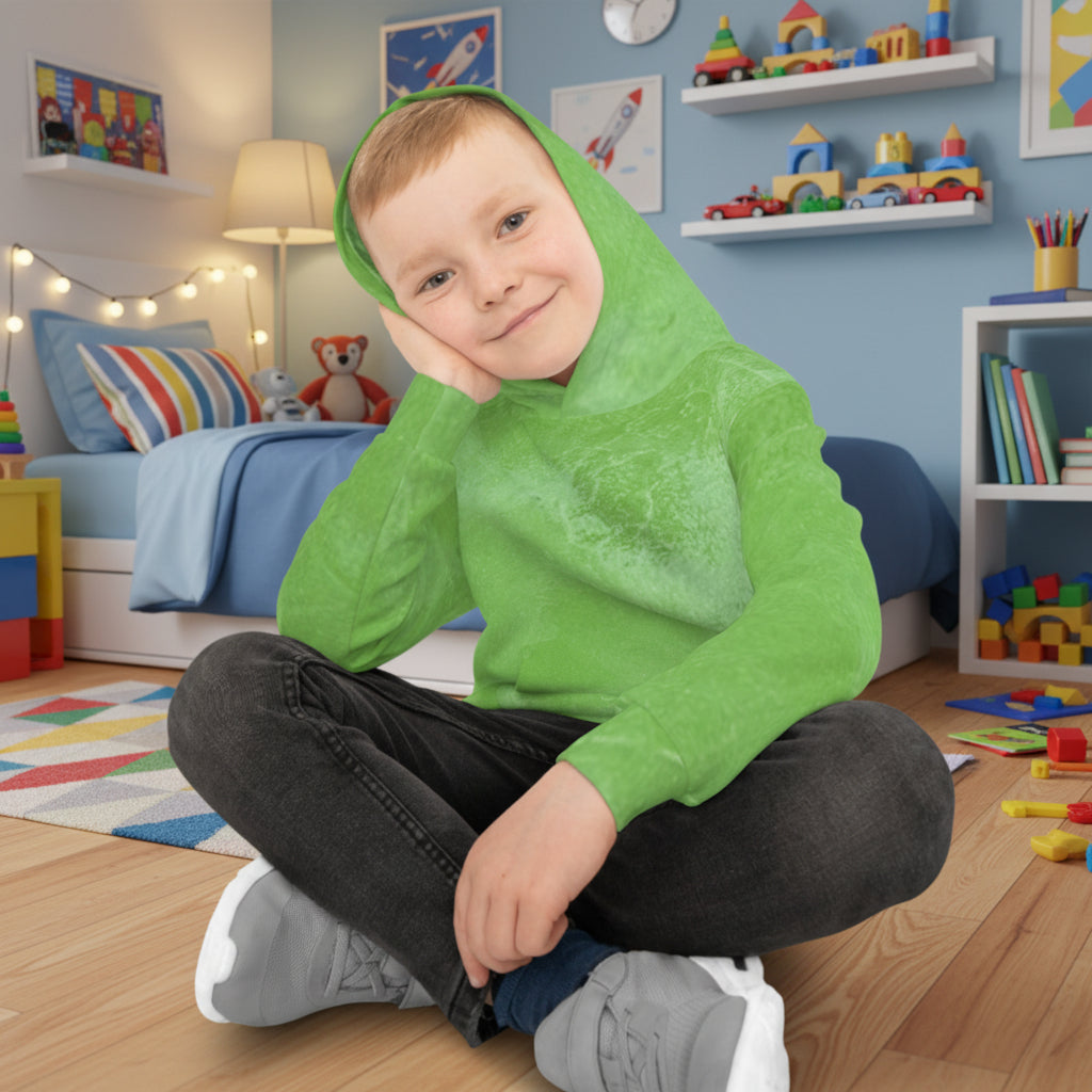 bright green hooded sweatshirt in abstract design with cozy comfort for boys and girls
