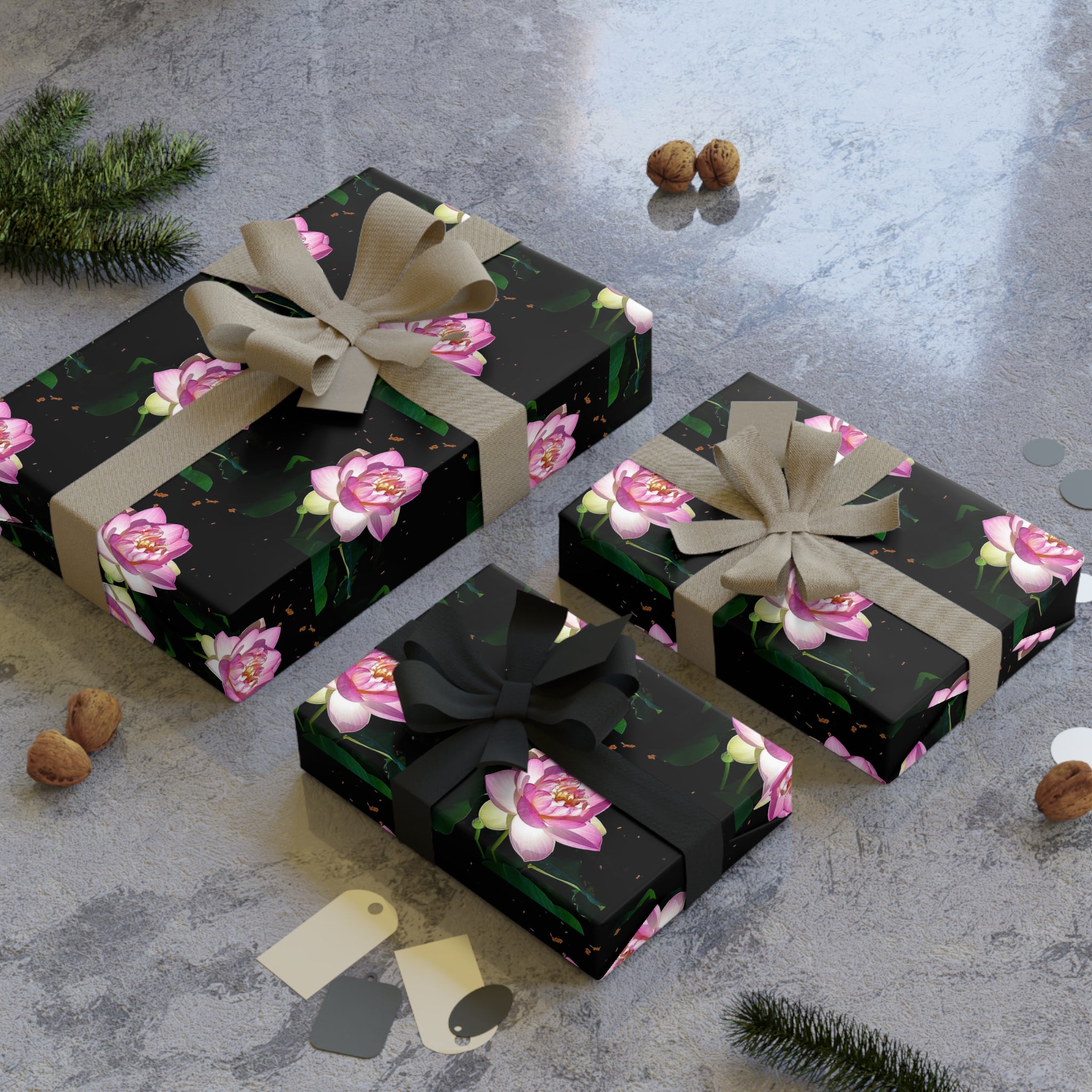 Elegant black and pink wrapping paper in gorgeous pink and black floral design