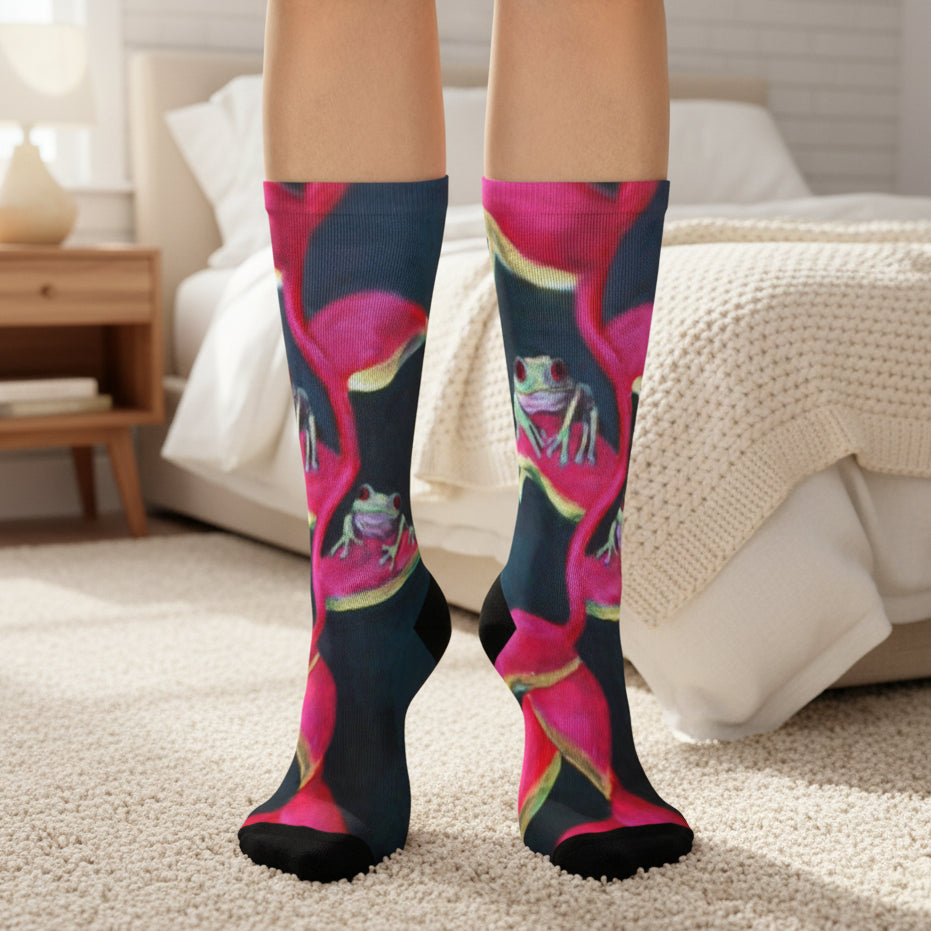 Socks with frog and Heliconia flower design that will Wow. Makes an excellent gift 5-12 one size cozy fit