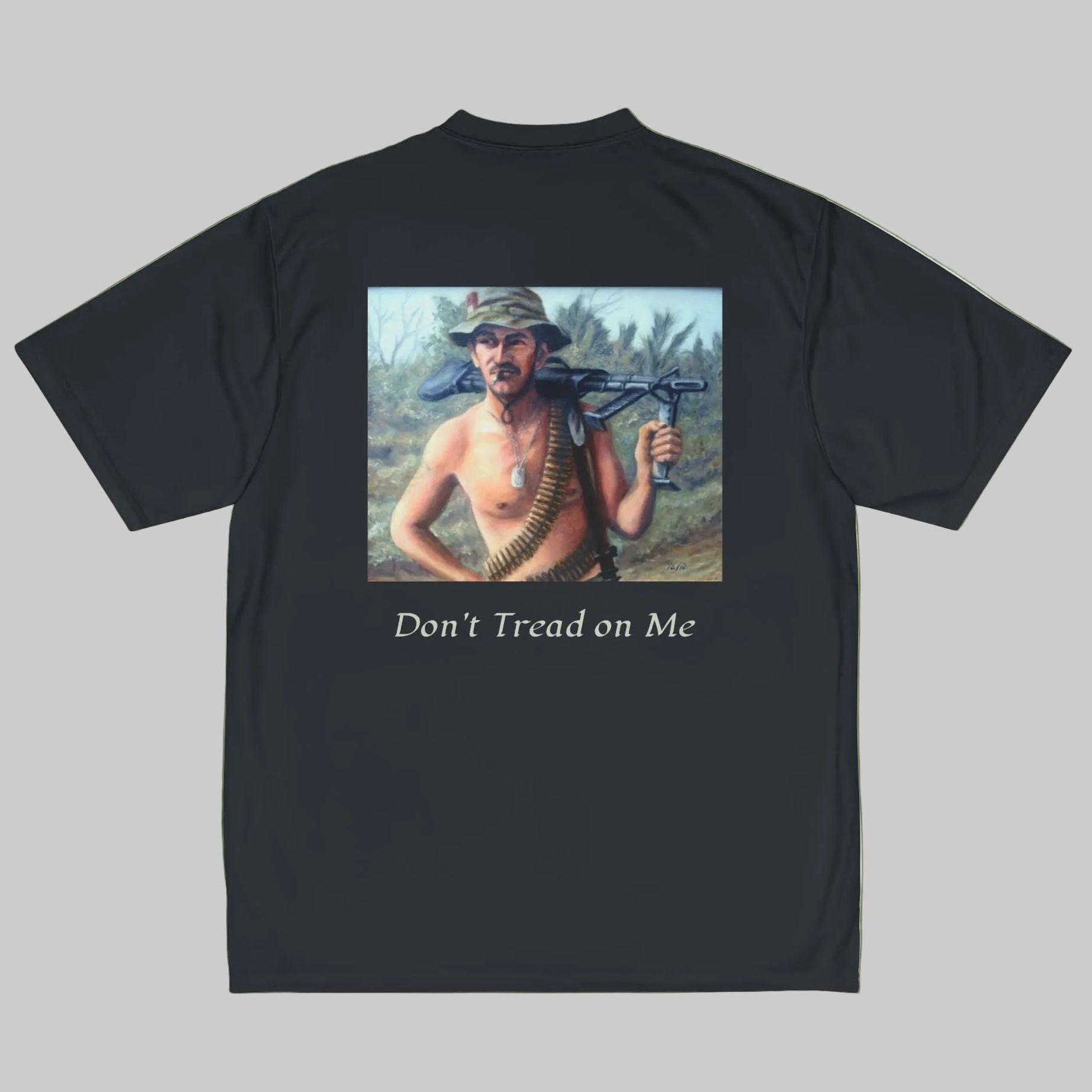 Black t-shirt with a graphic of a soldier and  'Don't Tread on Me' text S-3XL - 4 colors available