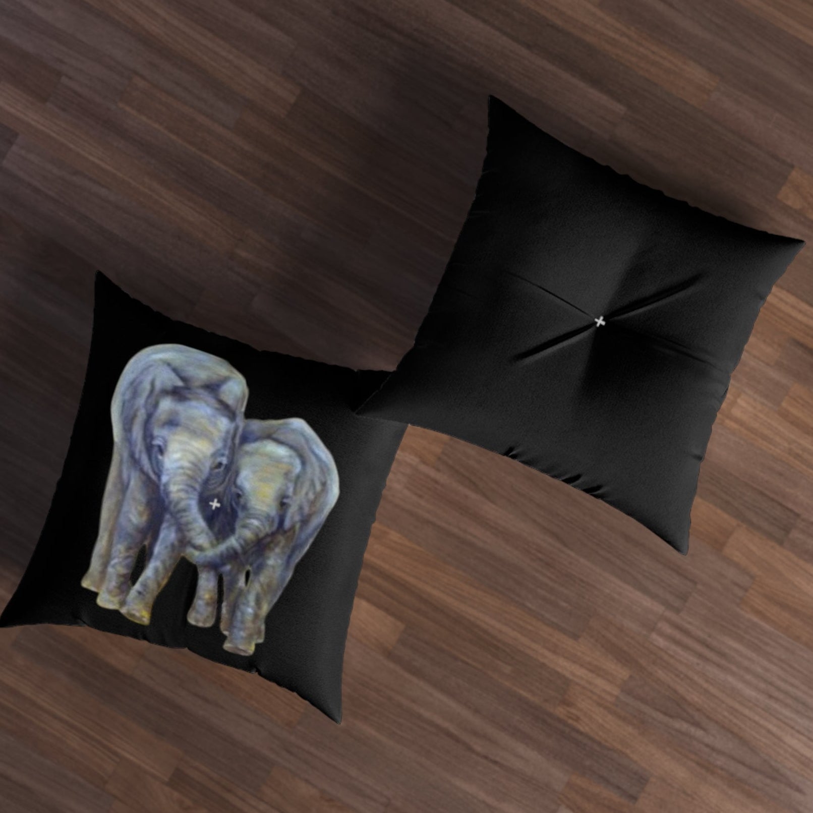 Dramatic Black floor pillow with painted elephant design 