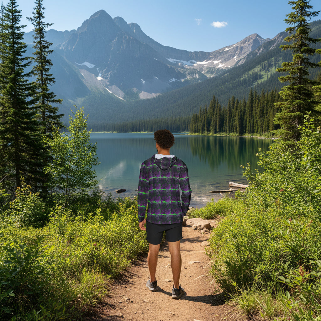 Person wearing a purple and green checkered hoodie by a lake