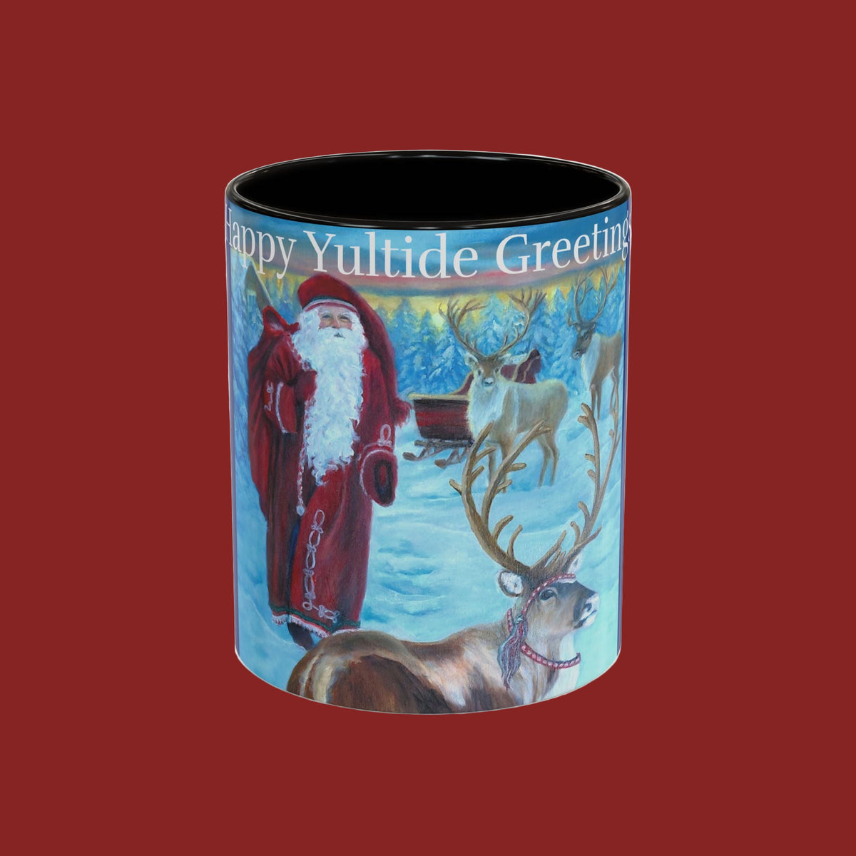 Mug with painted Vintage Santa Claus and reindeer 11oz and 15oz