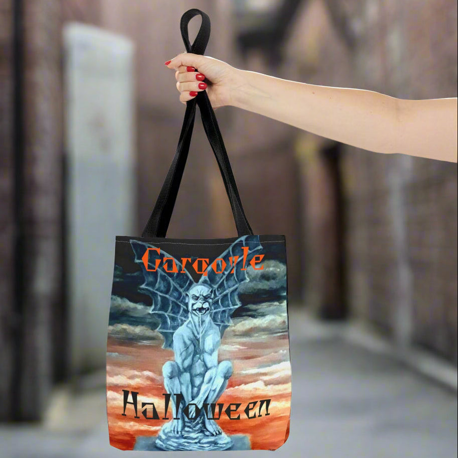 Tote bag with painted 'Gargoyle Halloween' design in sturdy material