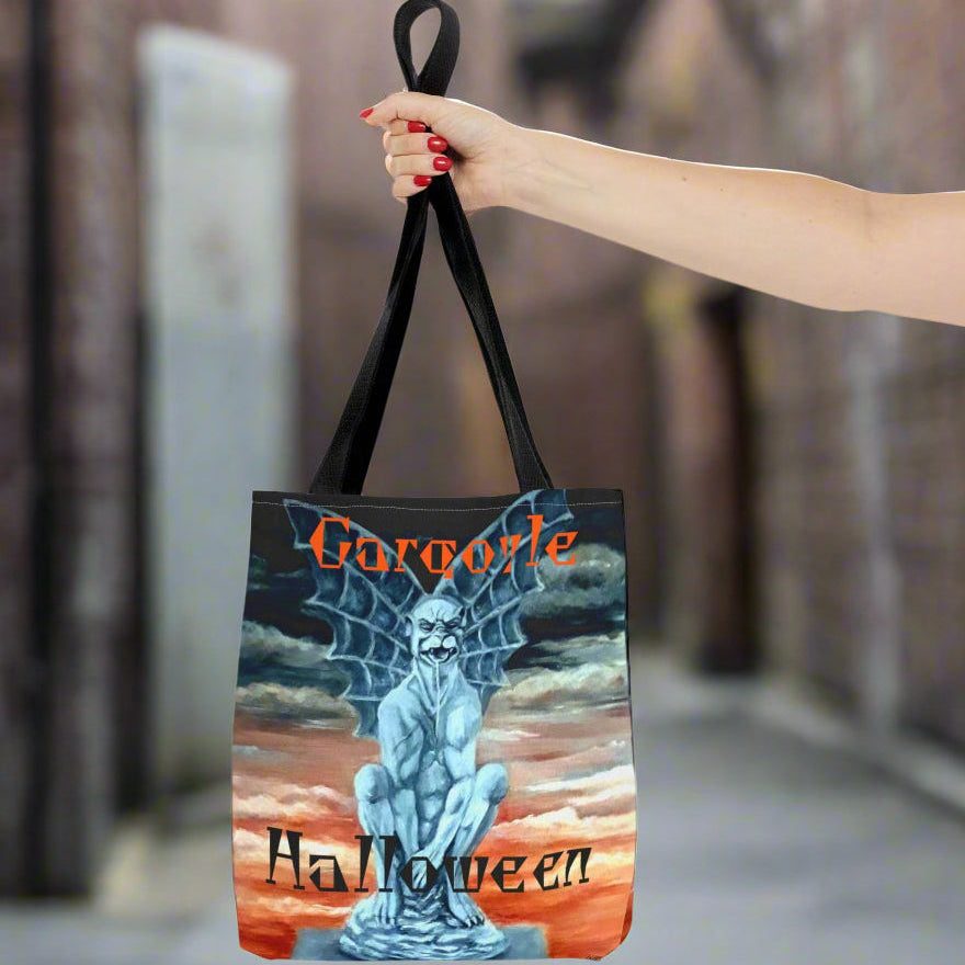 Tote bag with painted 'Gargoyle Halloween' design in sturdy polyester material