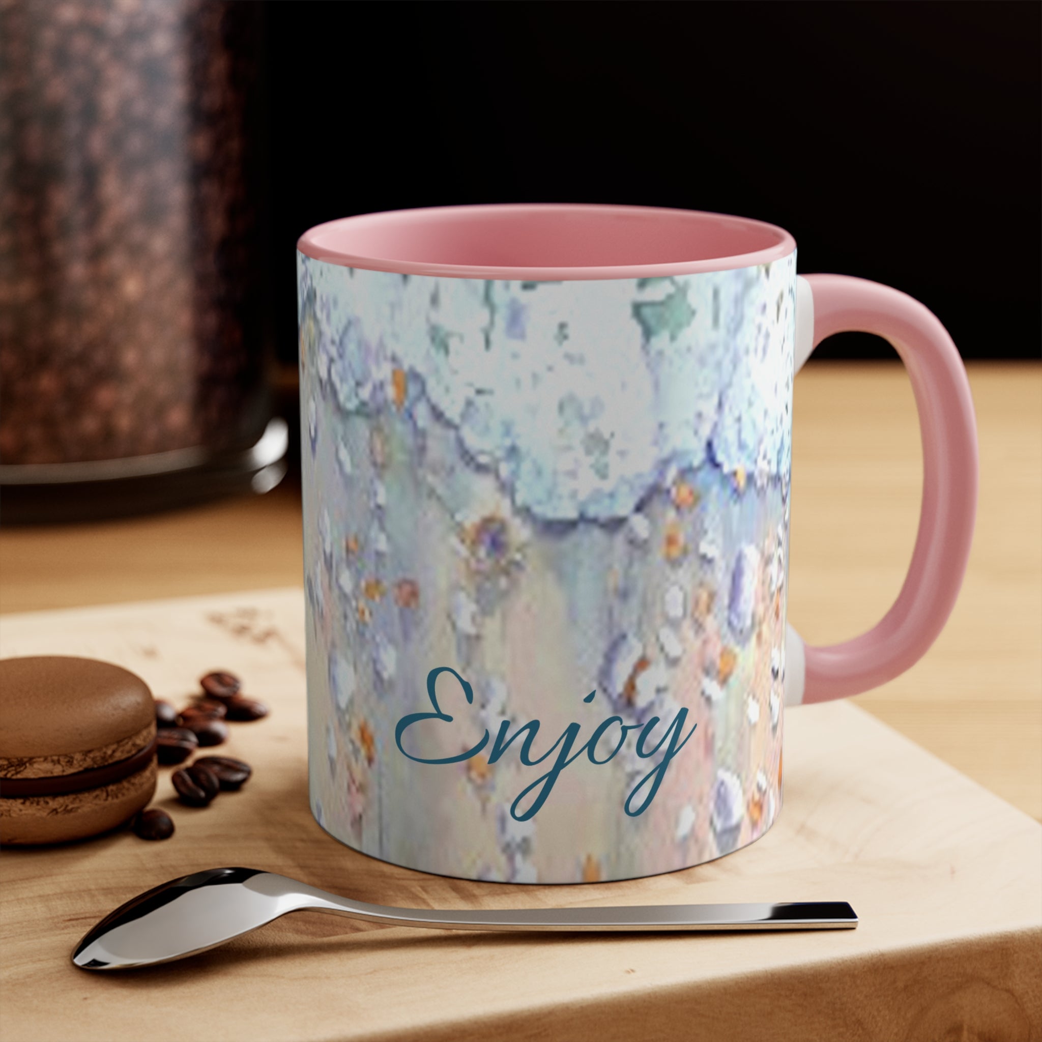 11 oz. Mug with painted ocean and foamy surf watercolor design and pink accents