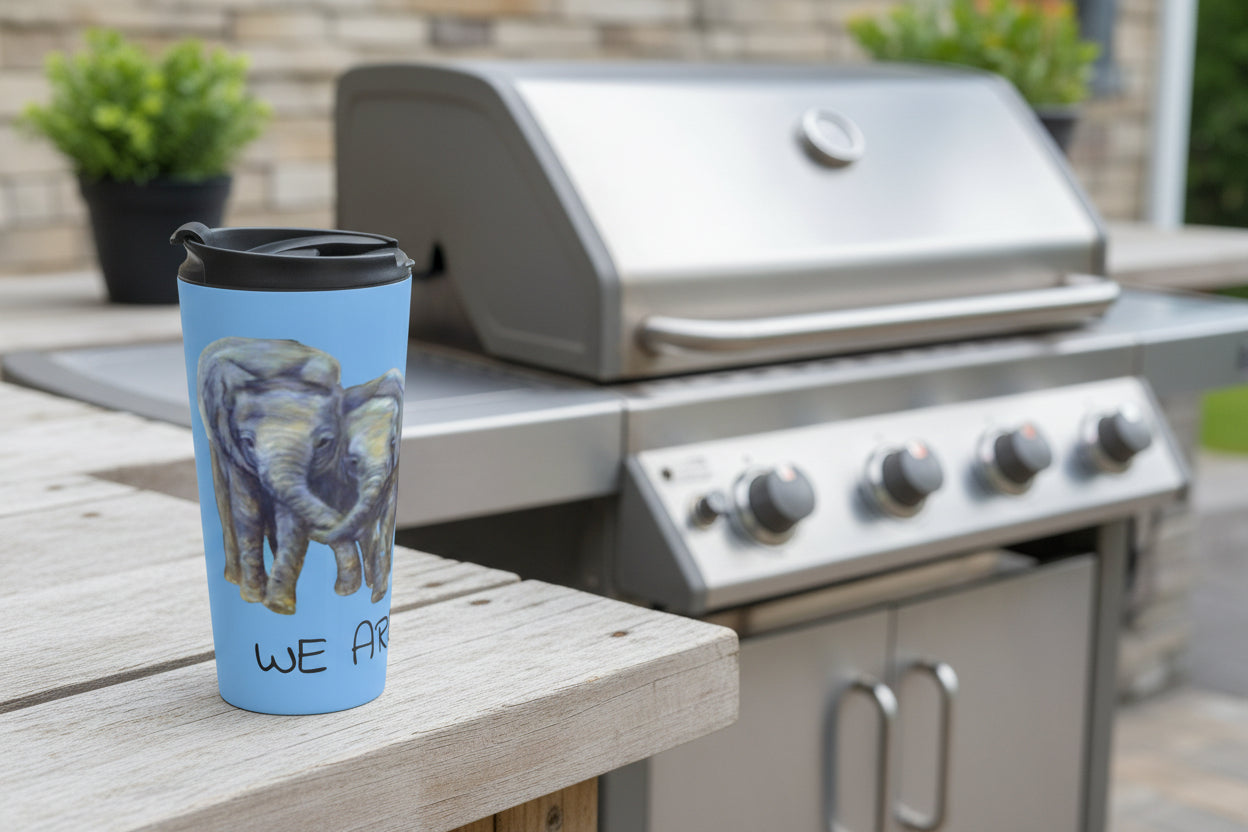 Travel mug with an elephant design and 'We Are Family text for family or Besties Gift