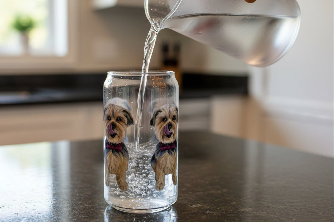 Adorable Yorkie with a red bowtie is all over this Clear Glass Sipper shown without a cover or a straw 