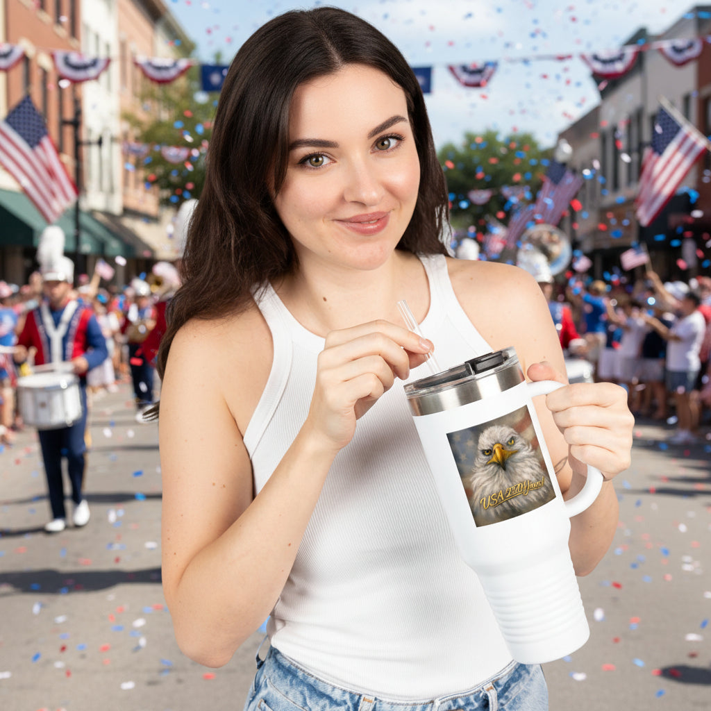 White travelers mug with an eagle painting and 'USA 2023' text 