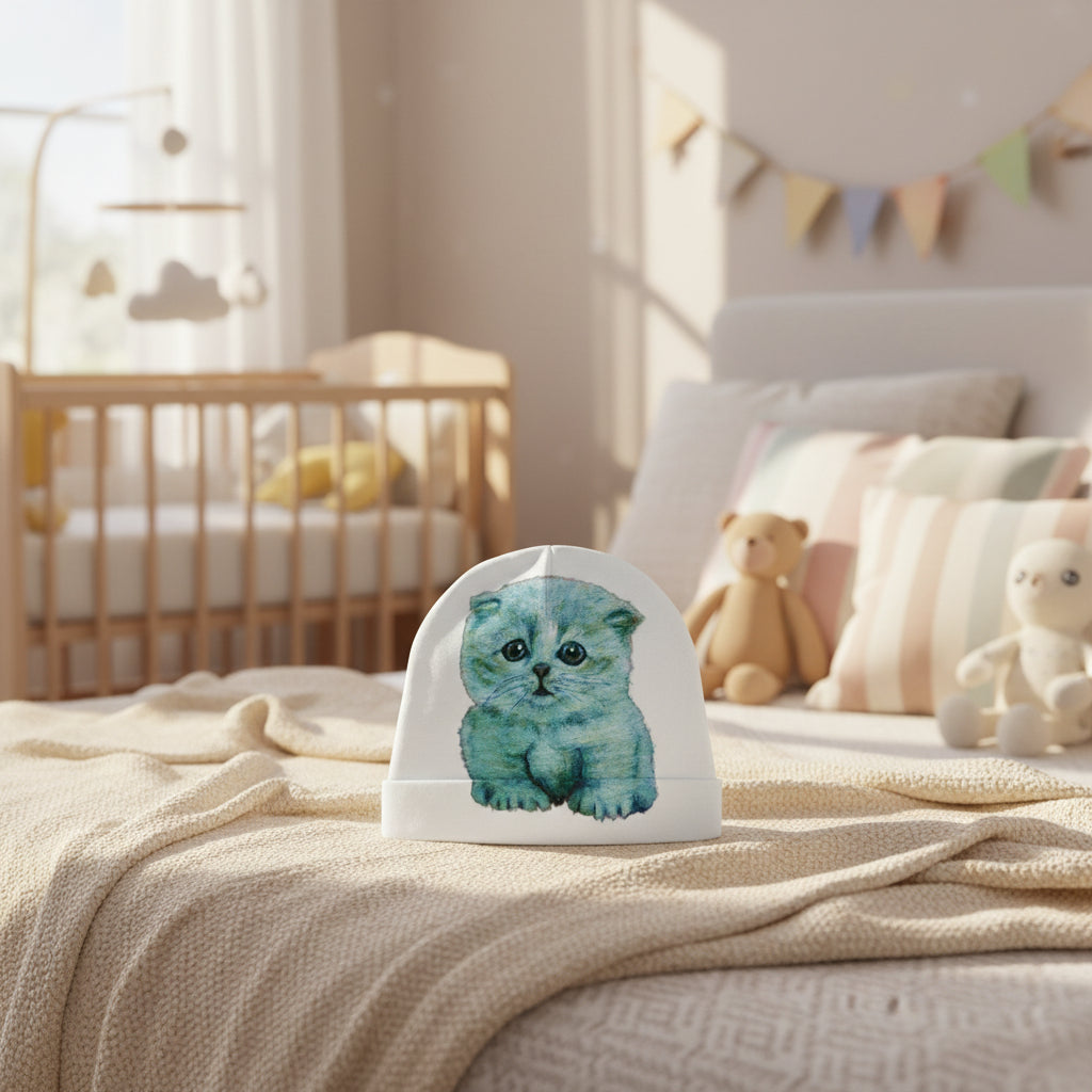 White knit Baby, toddler Beanie with Blue kitten illustration 