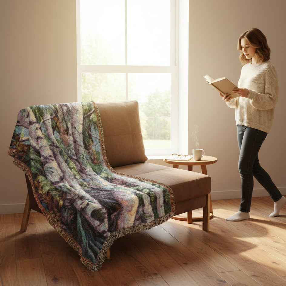 Birch tree forest nature-themed throw blanket - Available in three sizes to suit couches, beds, or travel
