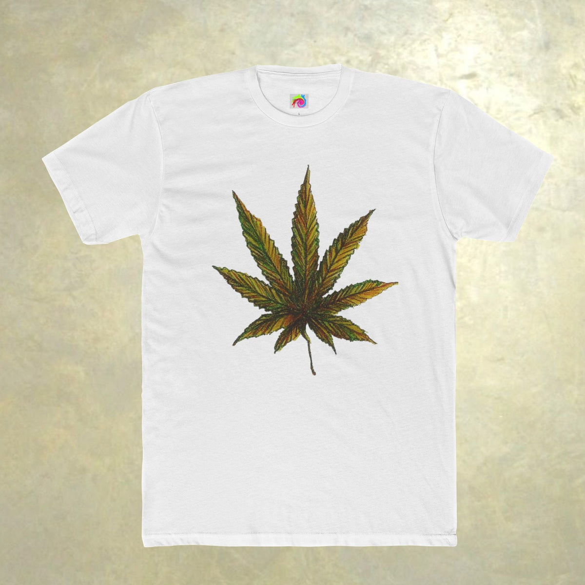 White t-shirt with a cannabis leaf design on 100 % ring - spun cotton 