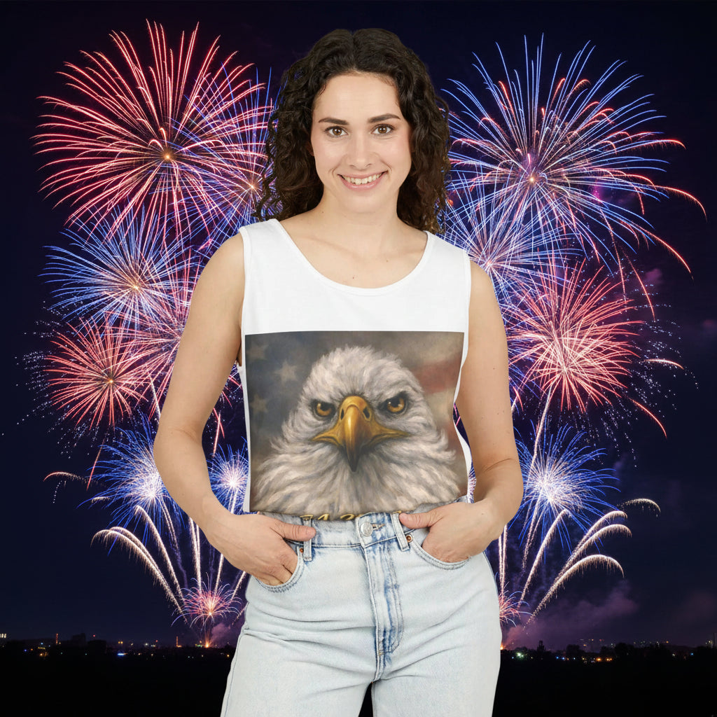 Wear this white tank top with our bald eagle for this summer's Bar B Qs and Fireworks