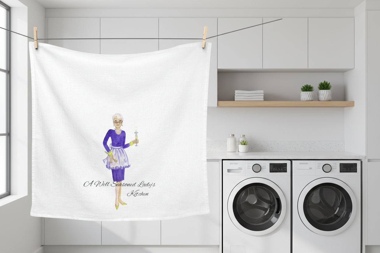 White fast drying cotton kitchen towel with a well-seasoned lady - fast drying - excellent gift