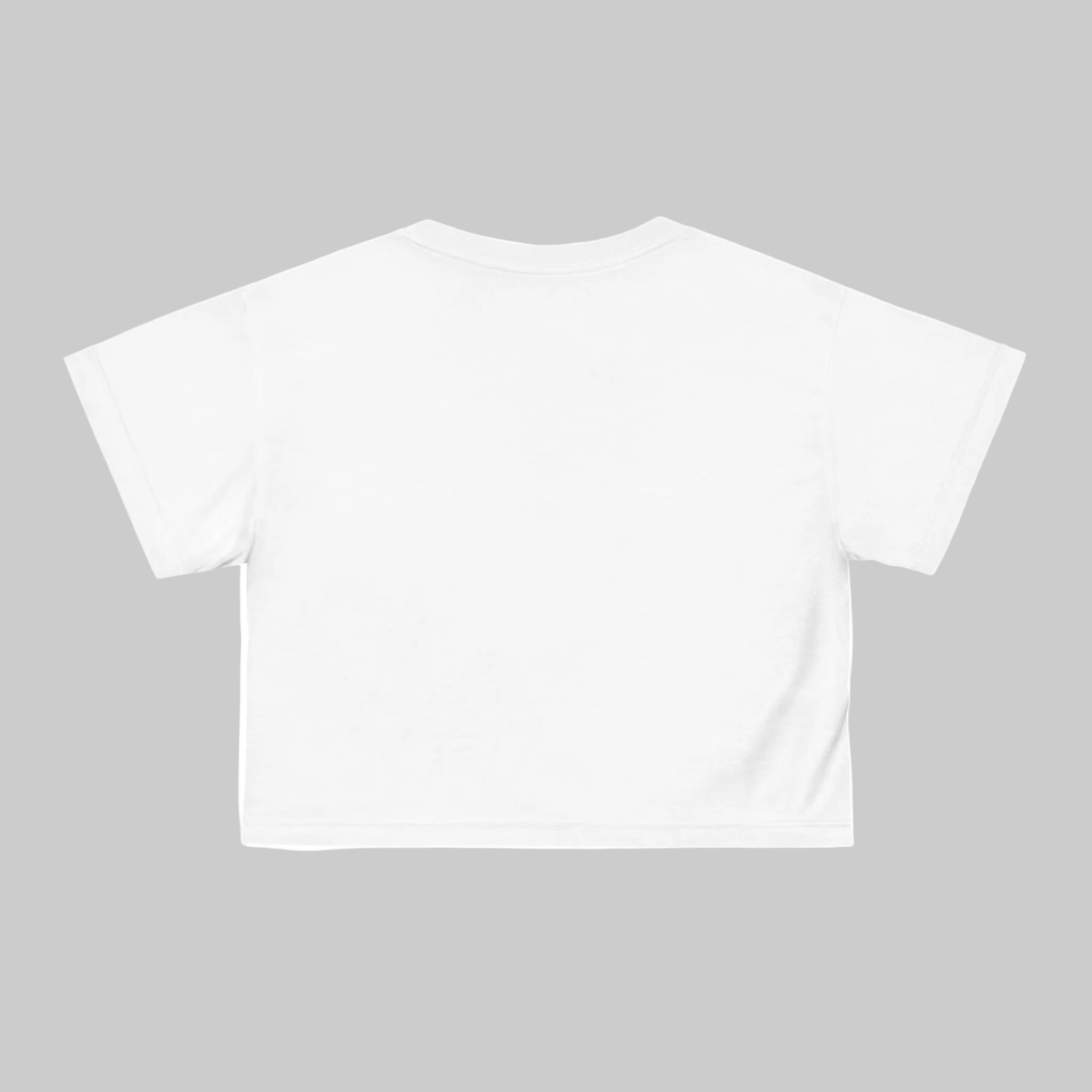 White crop tee Back View shows White Thread. 100% Polyester - soft and quick drying