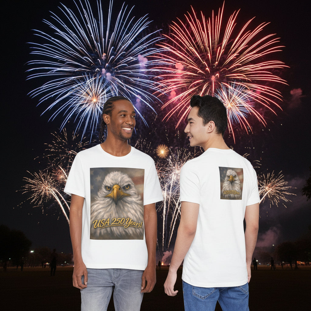 Unisex white t-shirts with an eagle graphic and 'USA 250 Years' text.