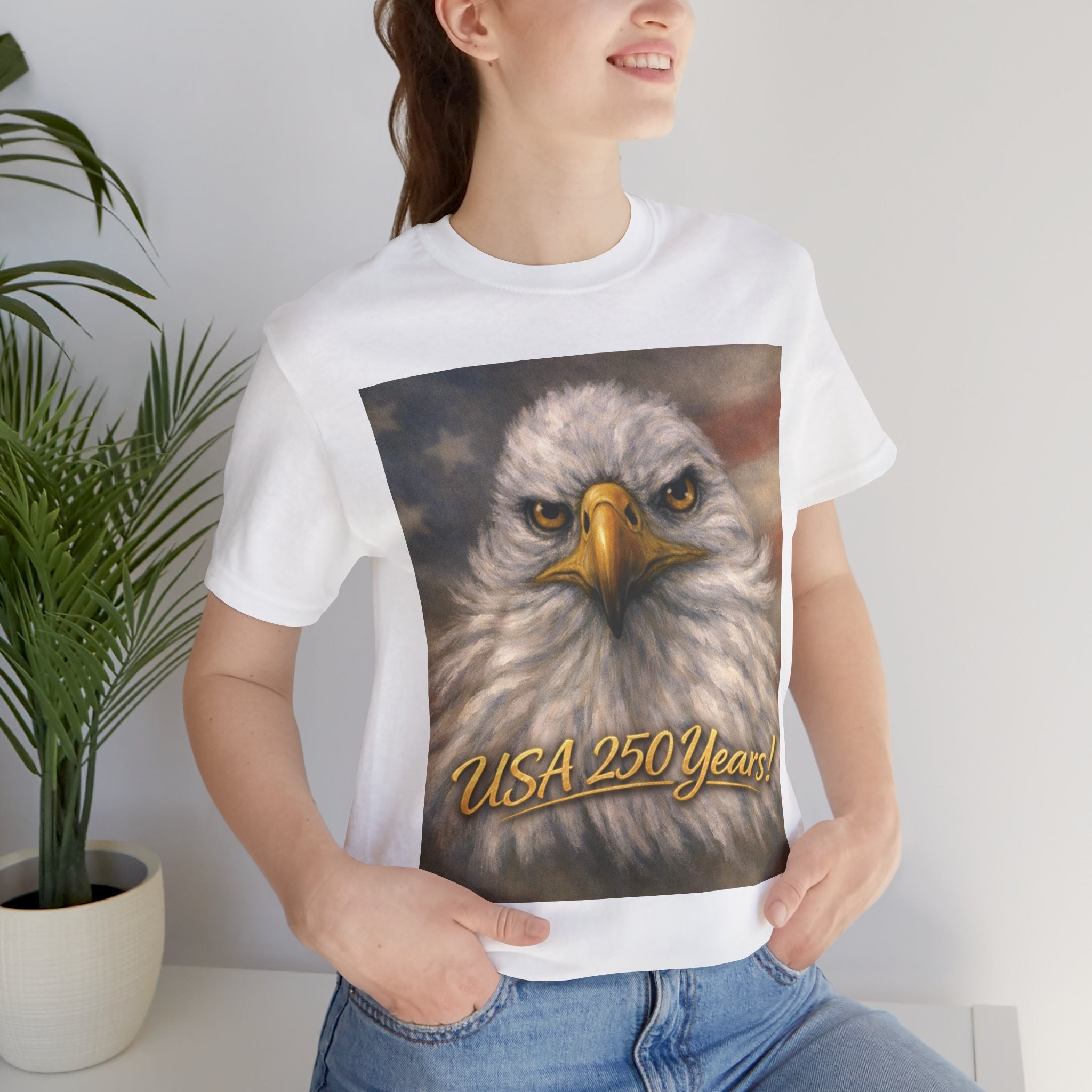 Unisex white t-shirt with an eagle graphic and 'USA 250 Years!' text.