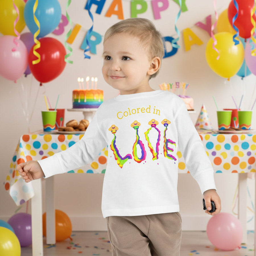 White long sleeve T shirt with colorful LOVE in 100% combed, ring spun cotton