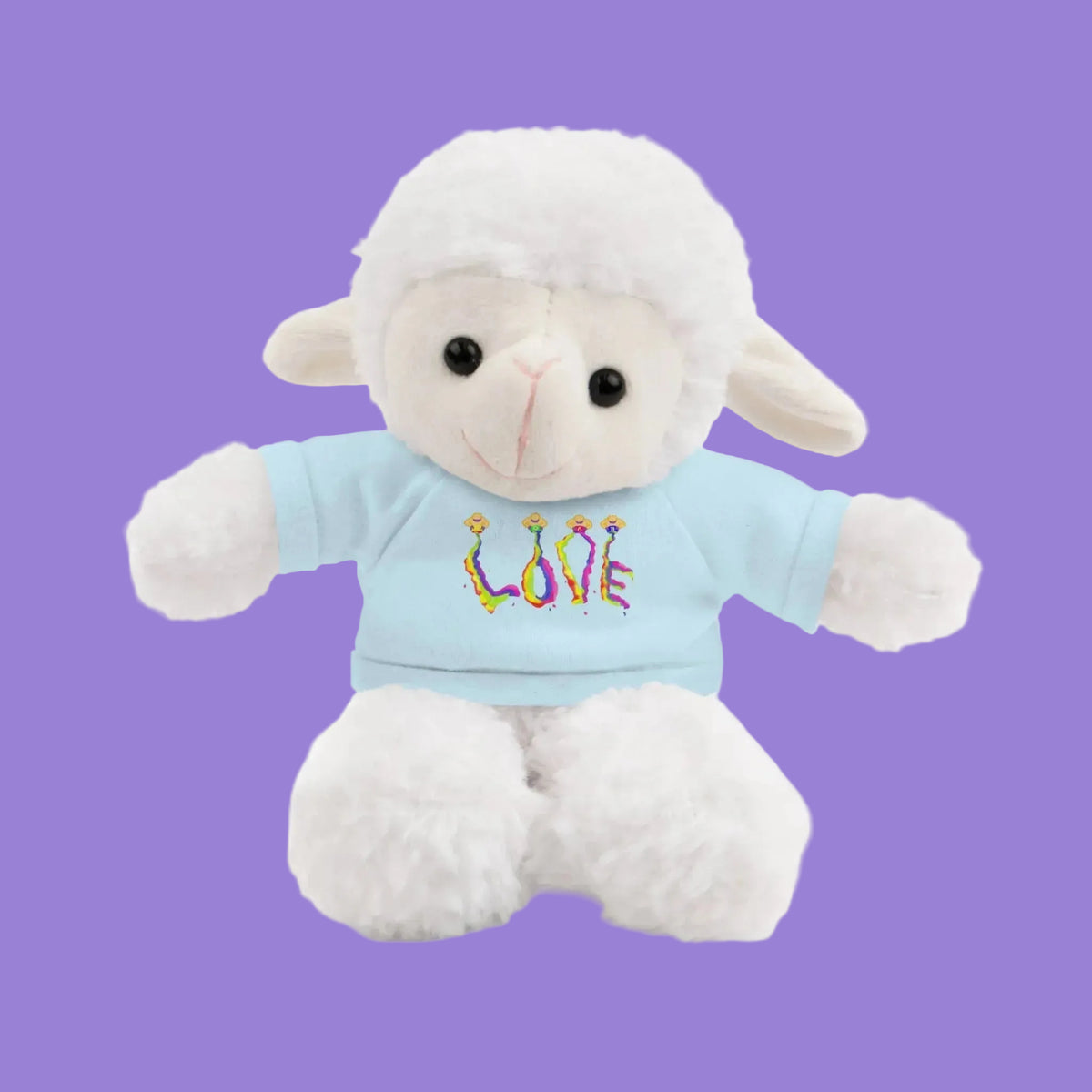 A white plush lamb toy wearing a light blue t-shirt with the word 'LOVE' spelled out in colorful letters