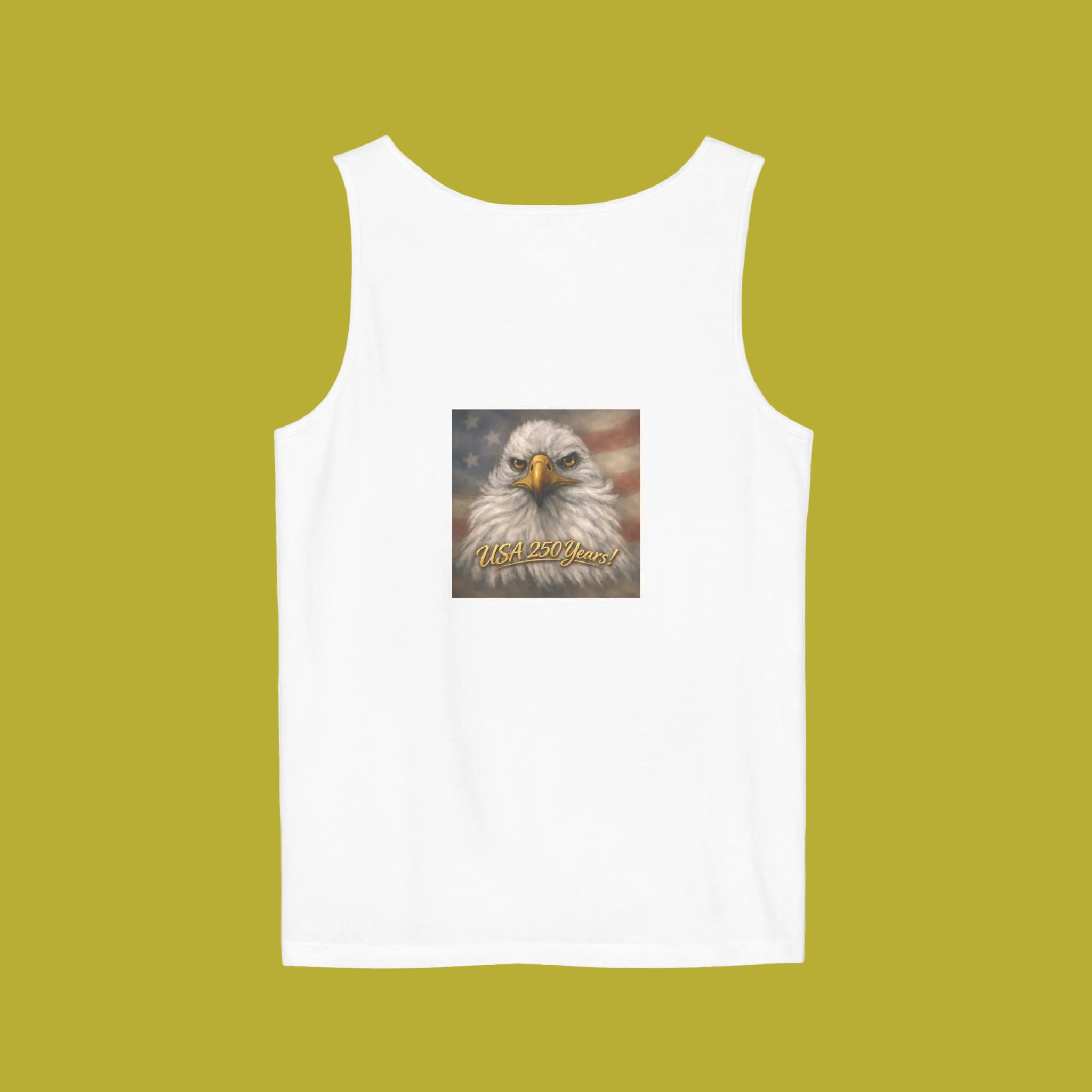 White tank top BACK view with a bald eagle painting for USA Anniversary