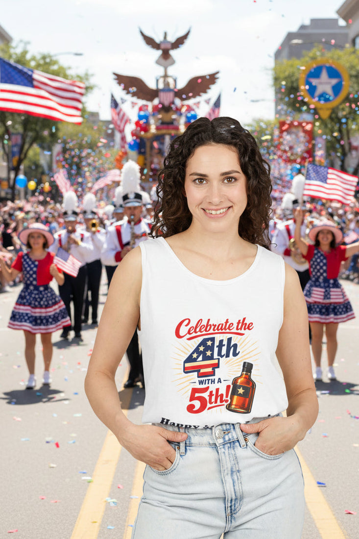 Wear a Fun tank top with 4th of July text to celebrate. XS-3XL