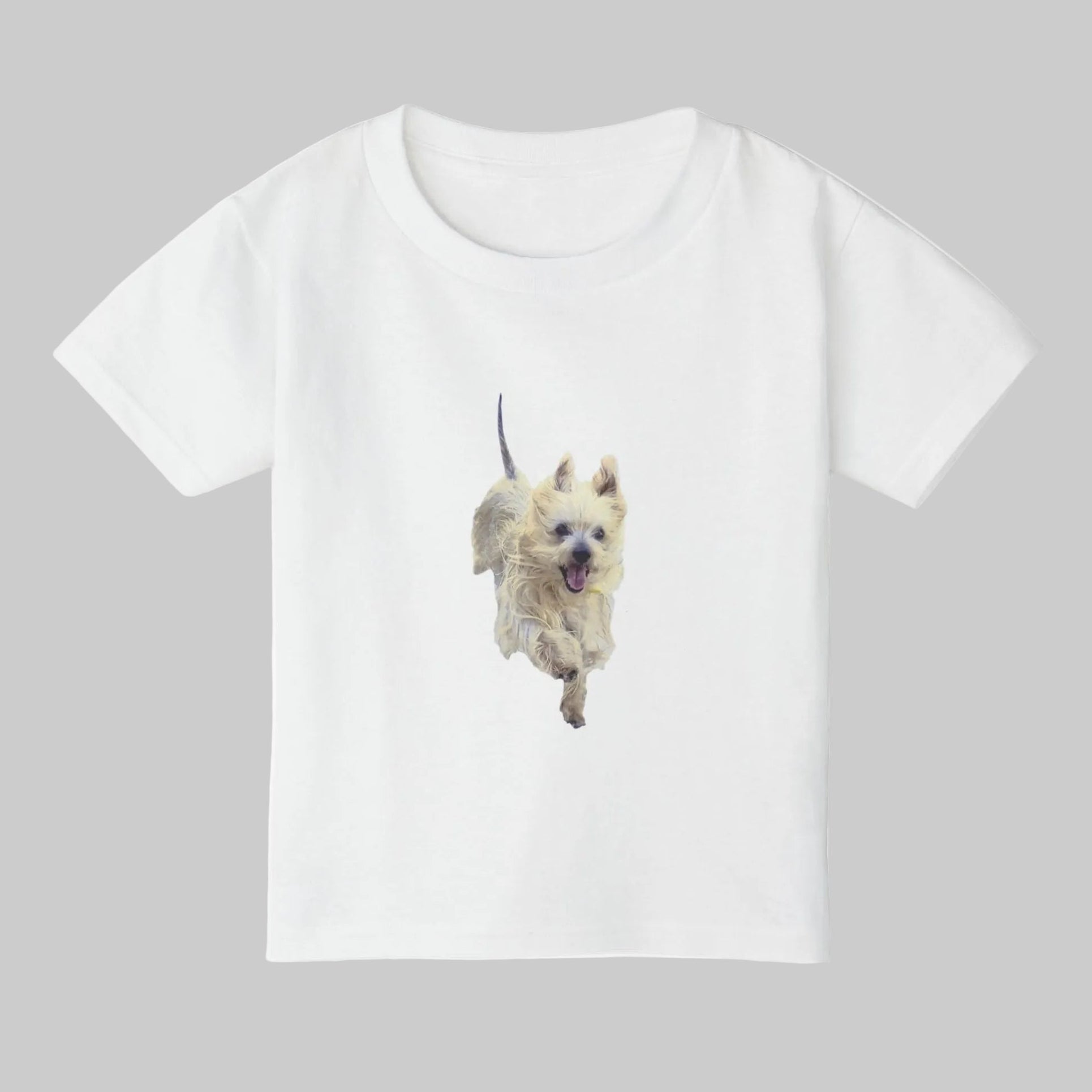 White kid's Tee with cut doggie print in medium weight - comfy and durable