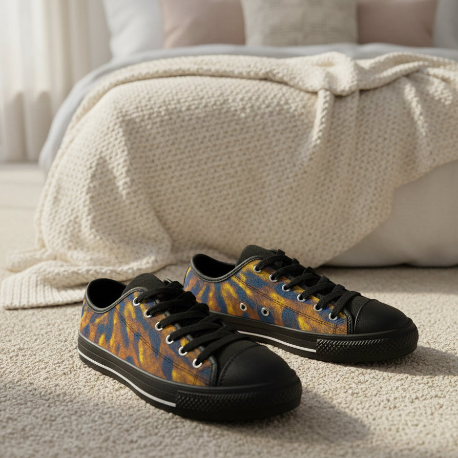 Black sneakers with a colorful gold/black design for an edgy look Sizes: 6-12