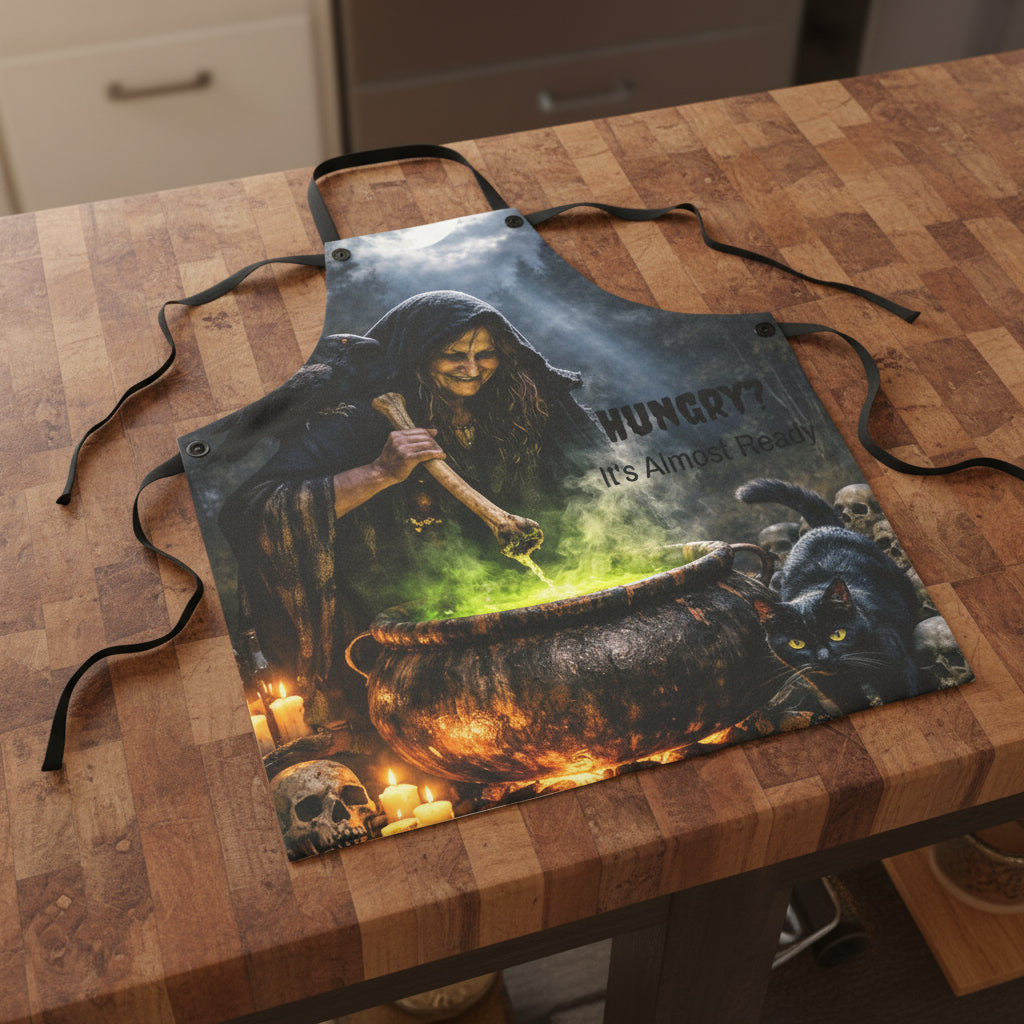 A Halloween-themed cooking apron featuring a printed graphic of a witch stirring a cauldron with green potion, with a black cat and candles. The text 'HUNGRY? It's Almost Ready' is printed on the front.