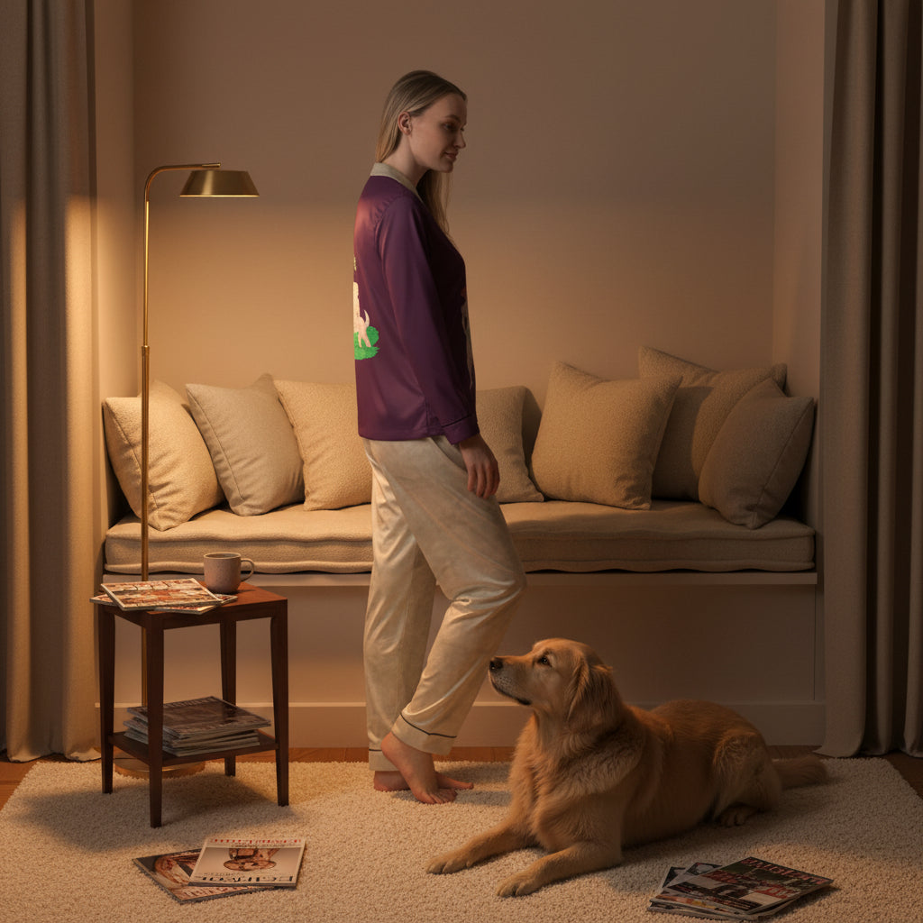 Woman's two-piece elegantly tailored pajama set consisting of a dark purple long-sleeve top with nude diva figures and light muted abstract beige pants. M/L