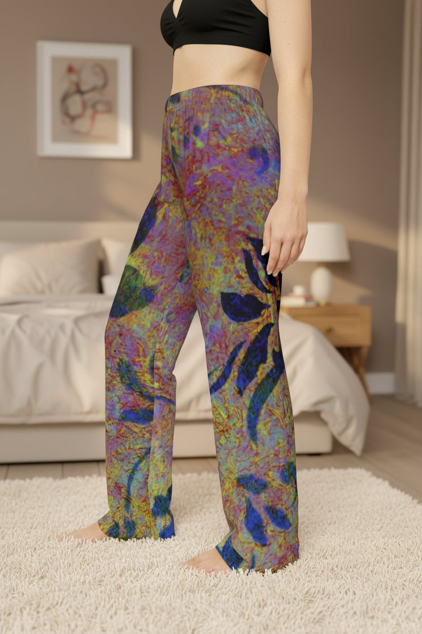 Women's wide-leg lounging pajamas pants with an abstract, multicolored design - easy care - machine wash