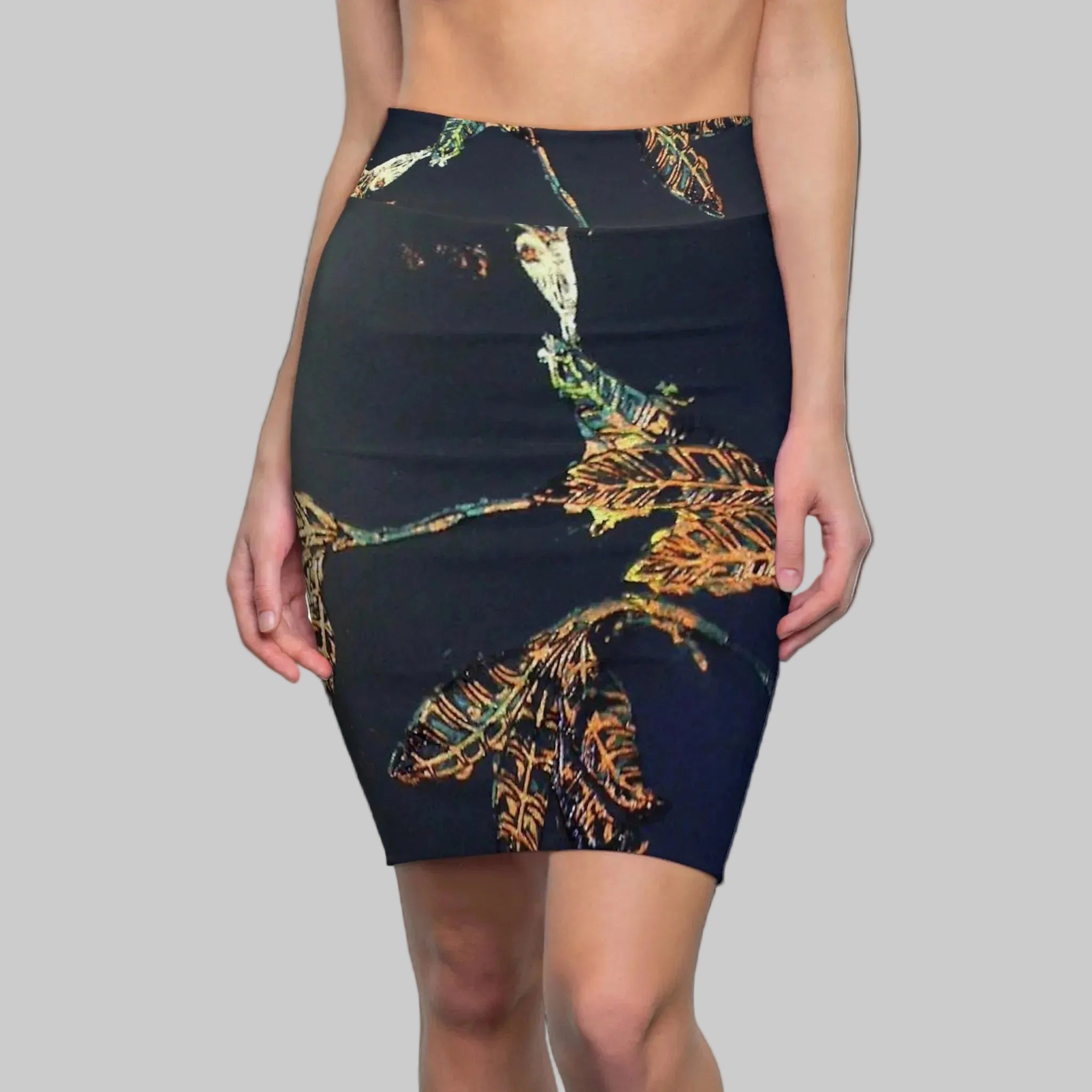 Trendy pencil skirt with a unique metallic gold and green abstract leaf design XS-2XL
