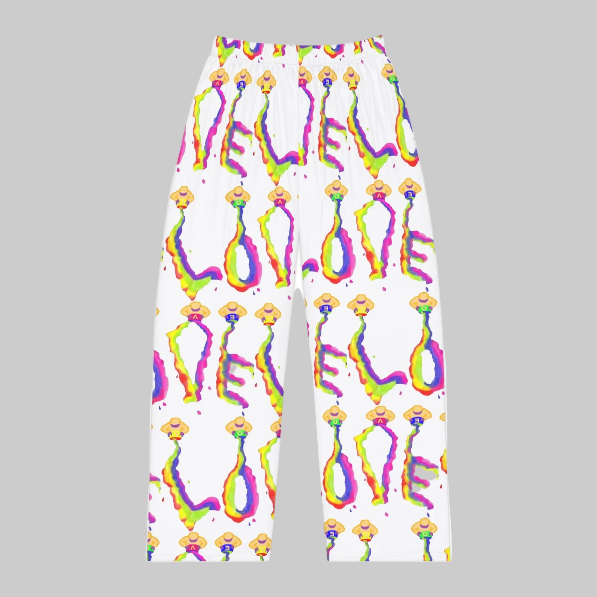 White lounge pants featuring a colorful repeating LOVE pattern design by Studio Blitz 