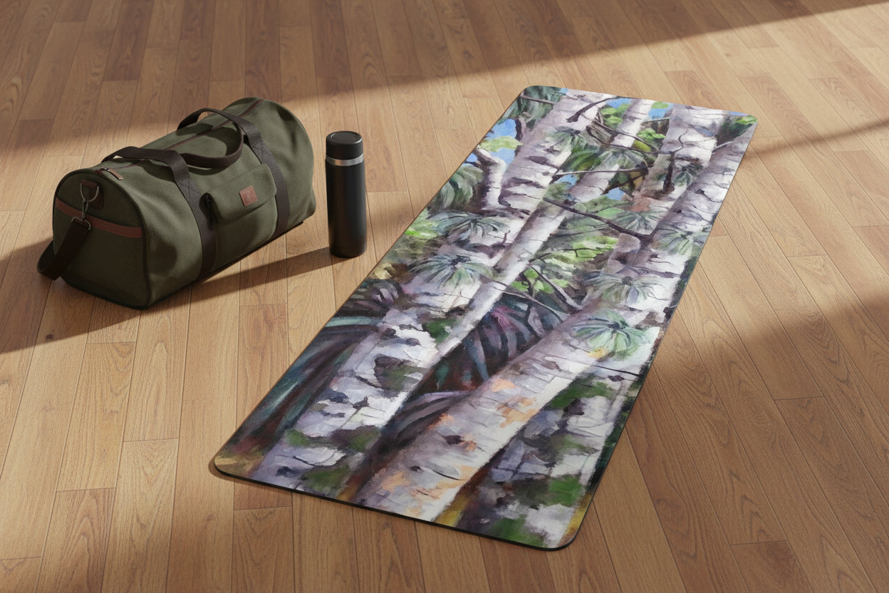 Yoga mat with a beautiful Birch Tree forest with non-slip backing