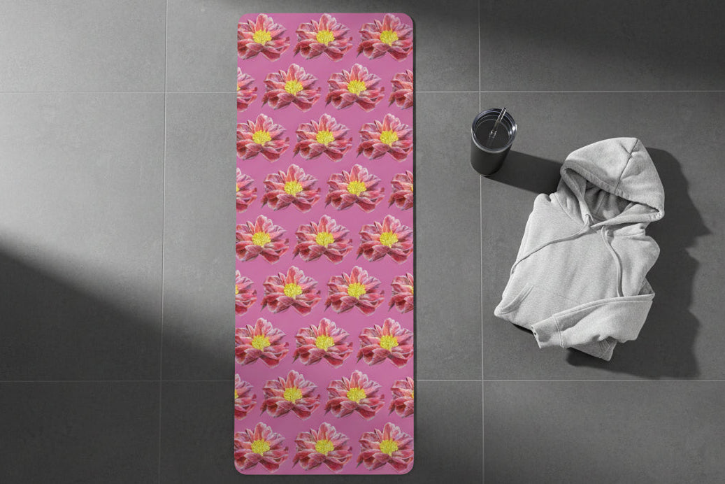 Yoga mat with pink & yellow water lily design with carrying strap - lightweight but tough