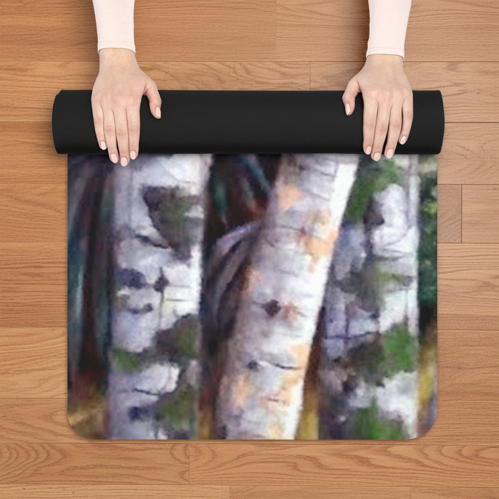 Yoga mat with birch tree forest design being rolled up - has carrying strap